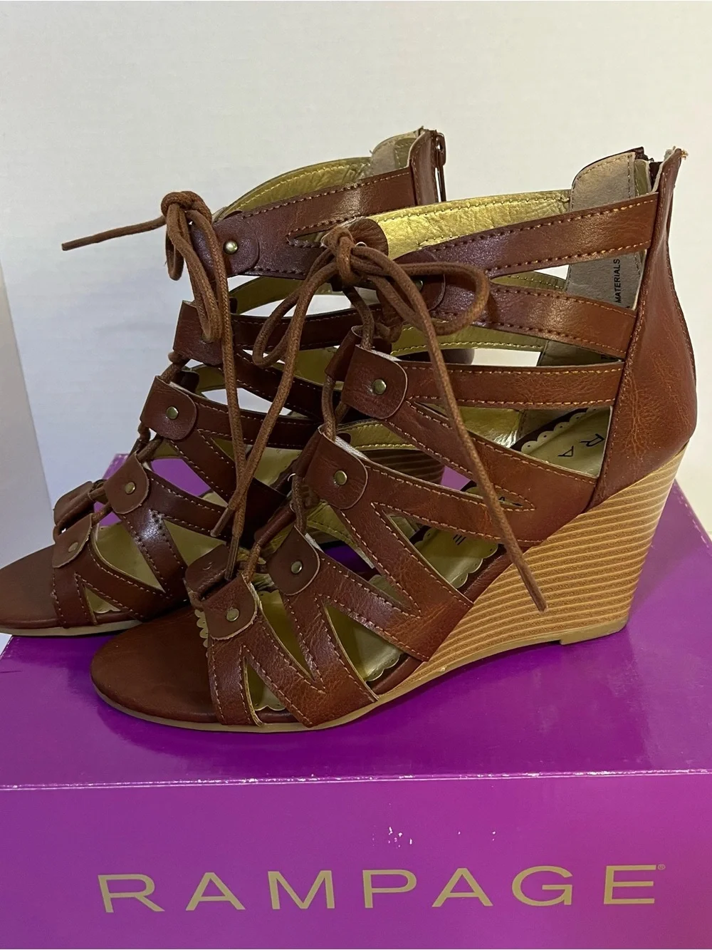 Rampage Cognac Brown Strappy Lace-Up Wedge Sandals